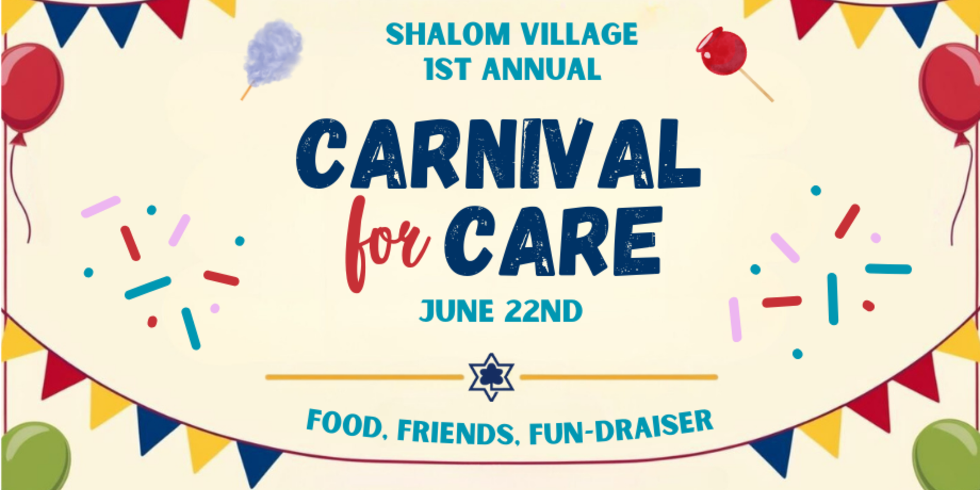 C4C Webslider-smaller Carnival for Care image with pennant flags, multicoloured confetti, and balloons.